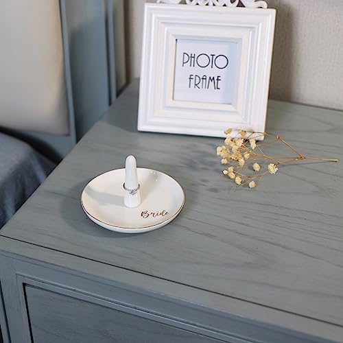 HOME SMILE Ring Holder for Bride-Monogrammed Engagement Gifts for Friends,Birthday Mother's Day Christmas Gifts for Women,Ceramic White - style: Bride