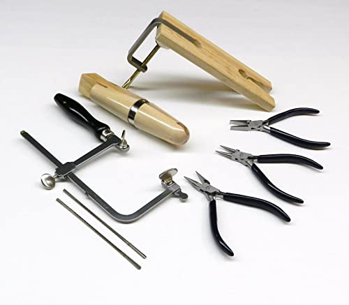 JTS Jewelry Making Tools Kit Hand Tools for Design and Repair Set Includes Bench Pin with Clamp - Saw Frame - 2dz Blades - Ring Clamp - 3 Basic Pliers