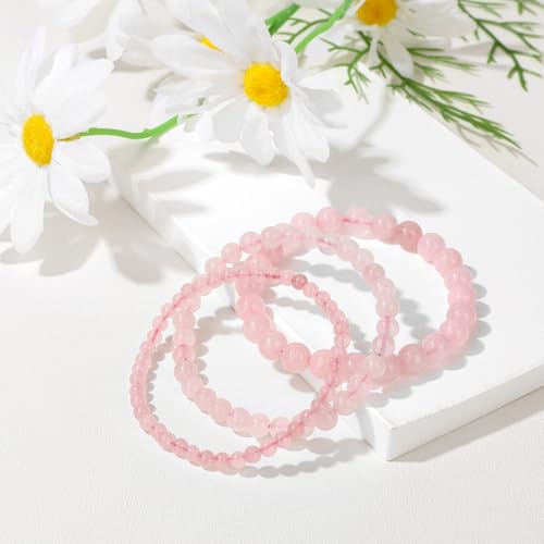 3Pcs Natural Healing Crystal Bracelets for Women Men, 4mm 6mm 8mm Beaded Stretch Bracelet Set, Black Tourmaline Natural Stone Gemstone Jewelry Gifts for Meditation, Reiki & Yoga - color: Rose Quartz