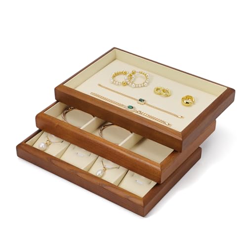 Solid Wood Flat Jewelry Tray Microfiber Necklace Bracelet Ring Earring Watch Bangle Stackable Drawer Organizer for Storage Display (Cream White) - style: 1 Grid