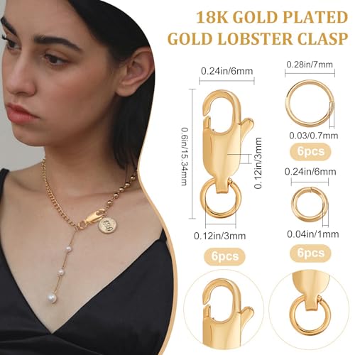 Beebeecraft 6Pcs 18K Gold Plated Jewelry Lobster Clasp 0.6x0.24Inch with 12Pcs 6/7mm Open Jump Rings for Bracelets Necklace Jewelry Making Connector - color: Gold