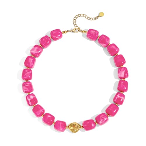 Colorful Chunky Necklaces for Women Multicolored Large Square Acrylic Beads Necklace Trendy Bold Statement Beaded Necklace Summer Vacation Choker Jewelry - color: Magenta