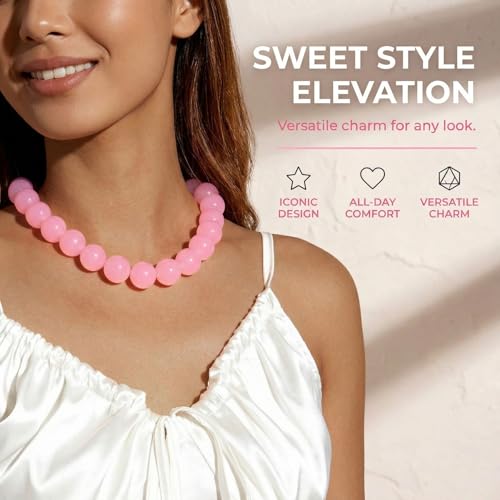 Colorful Chunky Beaded Necklace for Women Acrylic Bead Choker Necklaces Fashion Large Round Beads Necklaces for Women Handmade Summer Jewelry - color: Pink Beaded Necklace