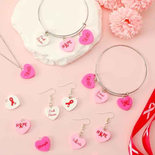 Augshy 64 Pcs Breast Cancer Awareness Charms, Pink Ribbon Resin Charm Breast Cancer Conversation Heart Charms Pink Hope Beads Pendant for DIY Crafs Bracelet Necklace Jewelry Making Accessories - style: Breast Cancer Awareness Style