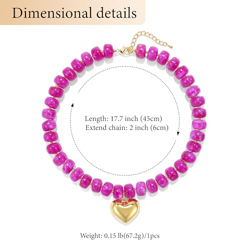 Chunky Heart Necklace for Women, Colorful Acrylic Beaded Statement Puff Heart Necklace, Cute Boho Y2K Choker Necklace for Gift Jewelry - color: Rose