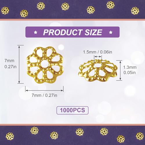 ANCIRS 1000pcs 7mm Spacer Beads Caps for Jewelry Making, Metal Hollow Flower Bead Caps for Bracelet Necklace- Gold - color: Gold-1000pcs-7mm