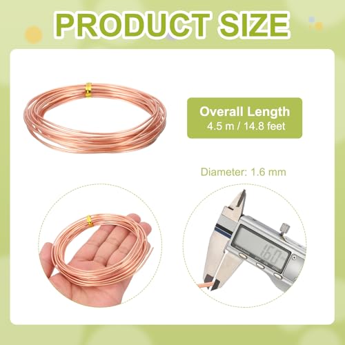 PATIKIL 99.9% Pure Copper Wire for Jewelry Making, 14 Gauge (1.6mm) Copper Craft Wire 14.8 Feet Beading Jewelry Making Supplies for Crafting Wreath Electroculture Gardening - size: 14 Gauge x 14.8 Feet