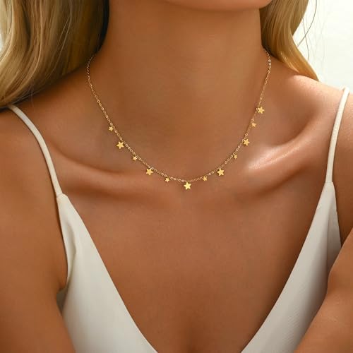 Gold Chain Necklace for Women 18K Gold Plated Dainty Star Cross Heart Cuabn Choker Chains Stainless Steel Trendy Jewelry Christmas Gifts - color: Star Chain-Gold