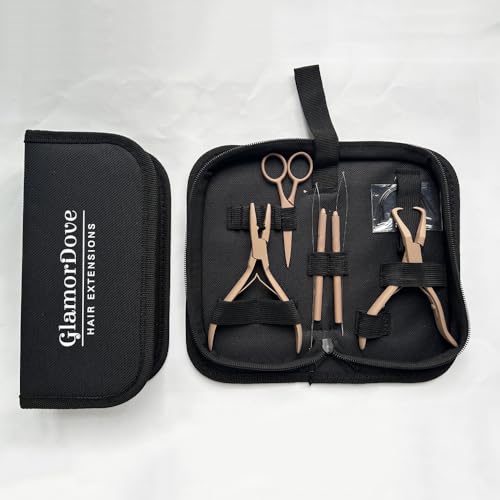 GlamorDove Hair Extension Pliers Kit Microlink Pliers for Extensions Hair Extension Beading Tool Hair Needle Pulling Hook Hair Styling Bead Closer and Remover Pliers, Brown - color: Brown