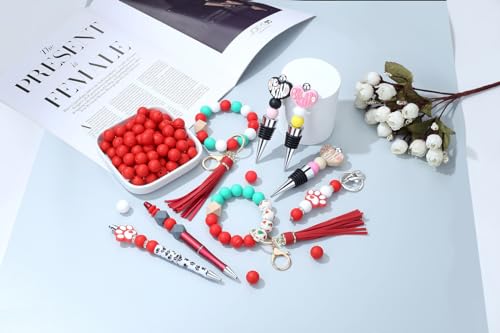 MAIBAOTA 120 Pcs Scarlet Red Silicone Beads 15 mm Scarlet Red Beads for Keychain/Pens/Bracelet/Necklace Making Focal Beads Loose Rubber Round Silicone Beads Bulk for Craft Making（with Boxed Kits） - color: Scarlet Red