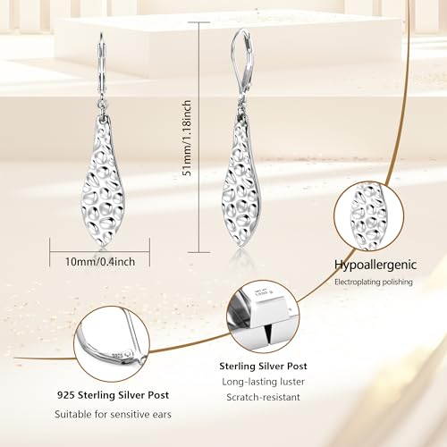 ALEXCRAFT 925 Sterling Silver Dangle Earrings for Women, 14K Gold Plated French Leverback Earrings, Hypoallergenic Lightweight Statement Hammer Square Bar Long Drop Earing for Women Trendy Jewelry - color: SilverB