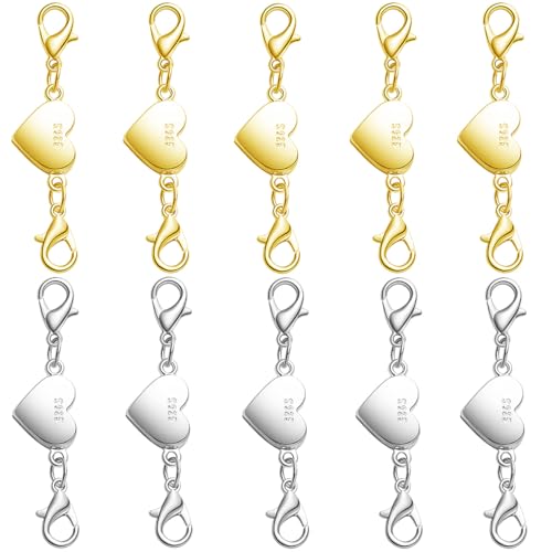 925 Silver Magnetic Necklace Clasps and Closures, Double Lobster Magnetic Necklace Clasps for Bracelet and Necklace Extender (5golden+5silvery) - color: 5golden+5silvery