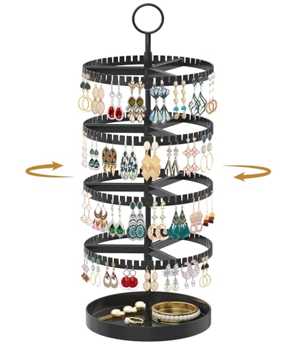 MODOWEY 4 Tier Rotating Earring Holder Organizer Display Tree with Metal Tray, Adjustable Plastic Stand with 228 Slots for Stud Hoop Hanger, Large Capacity Storage Rack for Women Space Saving, Black - color: Jet Black