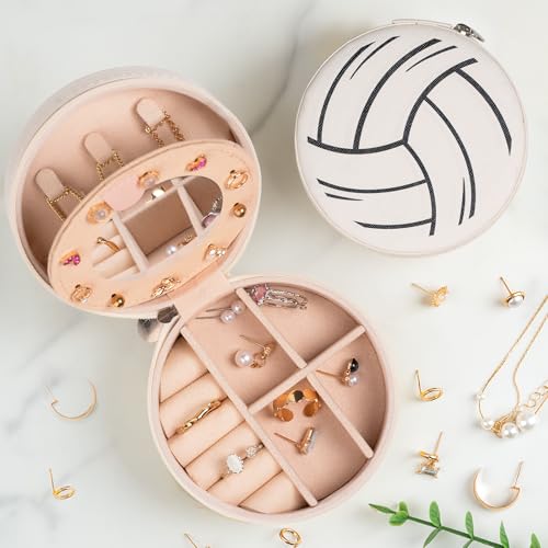 12-Pack Volleyball Travel Jewelry Case With Mirror Round Volleyball Stuff Portable Jewelry Organizer Storage Case for Team Athletes & Sports Enthusiasts Christmas Events & Milestones (Mirror) - style: Mirror