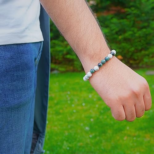 Black Obisidian Bracelets for Men 8" Inch Full Stretch Healing Crystal Bracelet, Beaded Charm Bracelet for Men Gifts Fathers Day Anniversary Birthday Gifts for Him - color: White Howlite & Jasper Bracelets