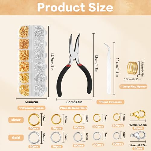 1440 Pcs Jump Rings for Jewelry Making Kits, Silver Gold Jewelry Jump RingsJewelry Repair Kit for Necklaces Lobster Clasps DIY Crafts Keychains Repair Supplies Tools, with Pliers/Tweezers/Ring - style: 1pcs - Silver & Gold