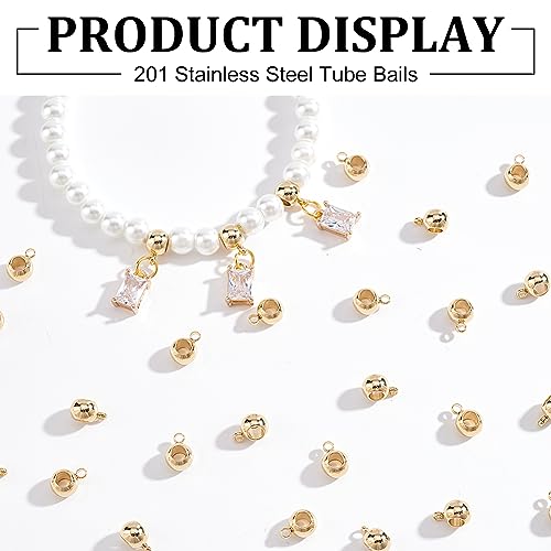 PH PandaHall 50pcs 304 Stainless Steel Bail Beads Hanger Links Golden Rondelle Carrier Beads Loose Spacer Beads with Loop for European Style Bracelets Necklaces Jewelry Making 8.5x6x4.5mm