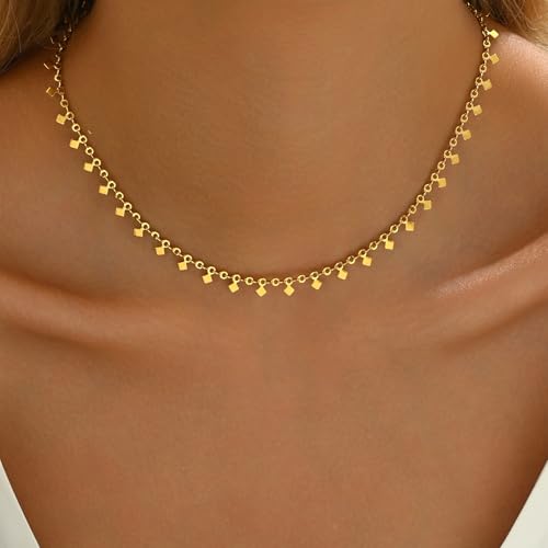 Gold Chain Necklace for Women 18K Gold Plated Dainty Star Cross Heart Cuabn Choker Chains Stainless Steel Trendy Jewelry Christmas Gifts - color: Tiny Square