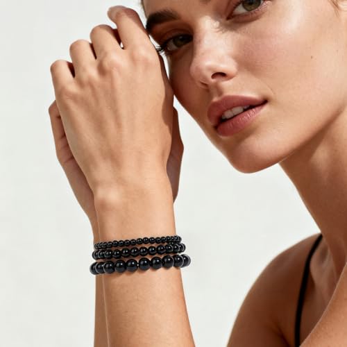 3Pcs Natural Healing Crystal Bracelets for Women Men, 4mm 6mm 8mm Beaded Stretch Bracelet Set, Black Tourmaline Natural Stone Gemstone Jewelry Gifts for Meditation, Reiki & Yoga - color: black tourmaline