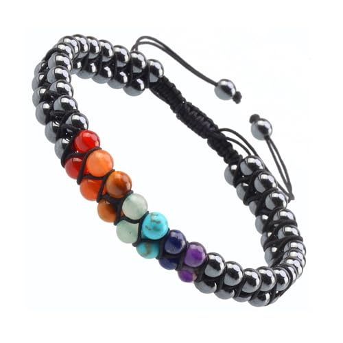 MASSIVE BEADS Double Layer Natural Chakra Healing Power Crystals Macrame Bracelet Yoga Stone Beads Gemstone Meditation Relax Anxiety Bangle for Unisex Women Men - color: 7-Chakras&Hematite, size: 4mm