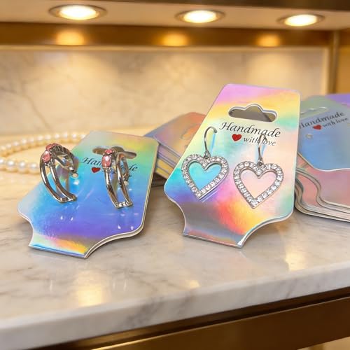 210 PCS Bracelet Holographic Display Cards Sturdy Necklace Holder Cards Self Adhesive Jewelry Packaging Selling Card for Small Business of Keychain Earring Hair Band and Scrunchies Hanging - color: 210 Holographic