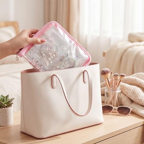 Bracelet Holder Travel Jewelry Organizer Case Transparent Jewelry Storage Book for Earring Necklace Ring with Small Clear Zippered Pouch - color: Pink,48 PCS Large Bags