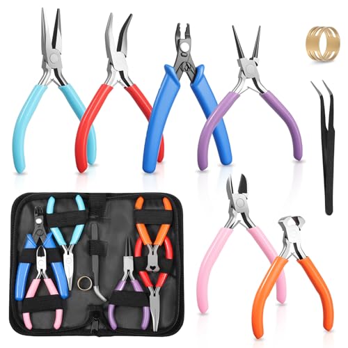 6 Pcs Jewelry Pliers Set Including Needle Round Bent Nose, Zipper Pliers, Wire Cutters, Crimper Nippers for Bracelet Beading DIY Craft Jewelry Making Supplies