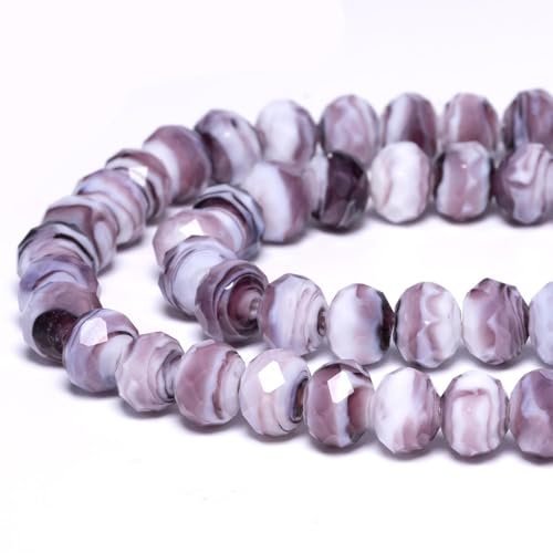7.5×10mm 50pcs Purple White Faceted Lampwork Glass Beads for Jewelry Making, Flat Round Handmade Murano Beads for Bracelets, Crafts, Friendship Bracelet Kit, Rosary Making - color: Purple White