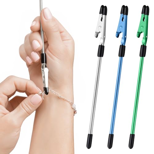 CraftyCrocodile Set of 3 Bracelet Helper Tool - Fastener Tool for Bracelet, Necklace, Jewelry, Watch - Сlip, Clasp Helper - Easy to Put on Yourself, Portable, Made of Metal, Silver, Blue, Emerald - color: Silver, Blue, Emerald