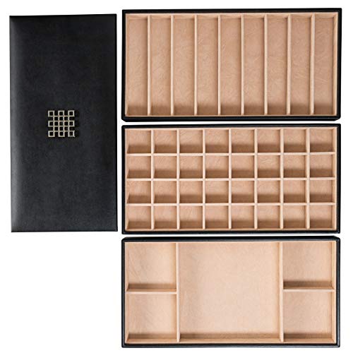 Glenor Co Jewelry Tray Organizer - 3 Large Stackable Trays & Lid - 46 Slot Storage for Drawer, Dresser - Black - size: Rectangle - 3 Trays + Lid Set - 46 Slots