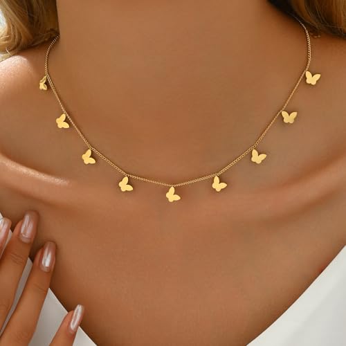 Gold Chain Necklace for Women 18K Gold Plated Dainty Star Cross Heart Cuabn Choker Chains Stainless Steel Trendy Jewelry Christmas Gifts - color: Tiny Butterfly
