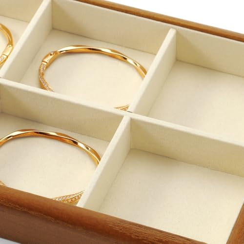 6 Grids Solid Wood Jewelry Tray Microfiber Bracelet Bangle Watch Earring Ring Necklace Holder for Display Storage (Cream White) - style: 6 Grid