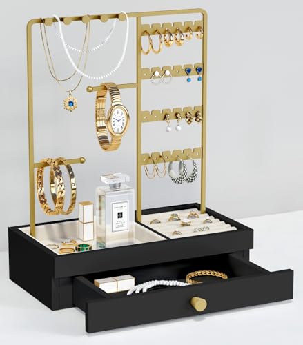 Goozii Black and Gold Jewelry Organizer Stand Necklace Holder, Decorative Jewelry Tower Stand for Earrings Rings Bracelets, Necklace Display Hanger Tree for Women Dresser Top (Black and Gold) - color: Black and Gold