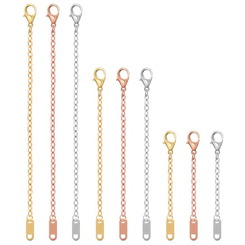 LXUEJIE 9 Pcs Necklace Extender, Rose Gold Necklace Extender, Alloy Necklaces Chain Extenders for Necklaces Bracelet Anklet, Delicate Chain Extenders (Gold/Silver/Rose Gold, 5/10/15cm)