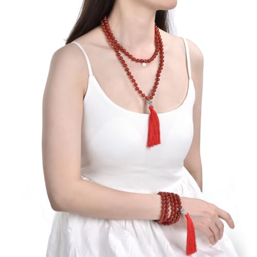 Adabele Premium 108 Mala Beads Malas Necklace - Natural Healing Gemstone Tibetan Buddhist Japa Prayer Meditation Reiki Chakra Stone Quartz Rock Women Men Jewelry - style: Carnelian