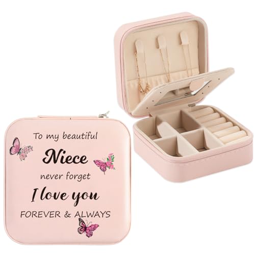 Niece Gifts Pink Butterfly Jewelry Box for Nieces Birthday Gifts Christmas Valentines Mothers Day Gift for Nieces from Aunt Uncle Niece Graduation Gift Portable Travel Jewelry Display Case - color: niece