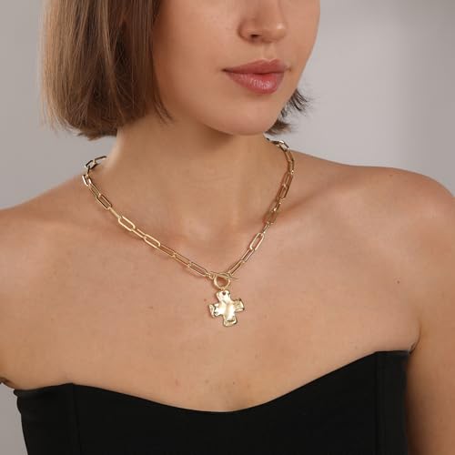 Bheop Chunky Cross Necklace for Women Trendy 14K Gold Silver Layered Statement Cross Pendant Charm Necklace Waterproof Paperclip Herringbone Snake Choker Chain Christian Jewelry Set Gift Non Tarnish - style: GD-Toggle Necklace（1 inch Pendant)