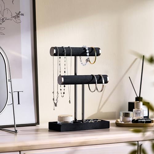 bussdis 2 Tier Bracelet Holder Display - Detachable T Bar Black Velvet Bracelet Holder, Jewelry Holder Organizer for Bracelet, Necklace, Earrings, Rings - color: Black