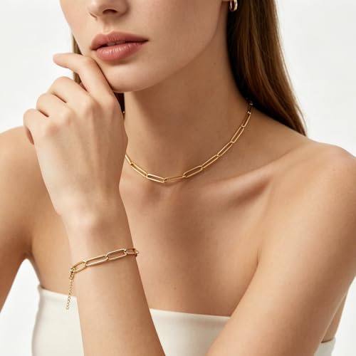 Exway 20 Pcs Paperclip Charm Bracelets Chain 8.0 Inch Stainless Steel Gold and Sliver Chain Bracelets Kit with Lobster Clasps for Crafts DIY Women Jewelry Making - color: gold+silver style C, size: 8.0in