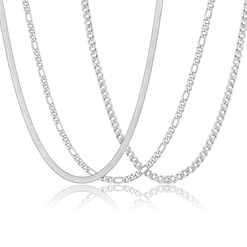 Graduation Gifts -3 Pcs Chain for Men Necklace for Boys 316L Stainless Steel Cuban Link/Figaro/Herringbone Chains Set Jewelry Gifts for Men Women Boys Black/Gold/Silver 16/18/20/22/24 Inches - color: Type A-Silver, size: 16''