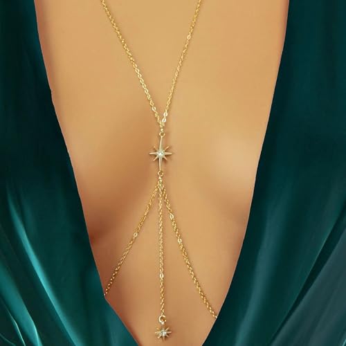 14K Gold Plated Body Chains for Women, Sexy Layered Belly Waist Chain Crossover Bikini Bra Chain, Summer Beach Rhinestone Body Jewelry - style: Gold Starlight