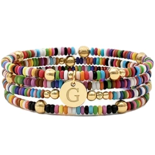 Set of 4 Colorful Bead Initial Bracelets, Personalized Stackable Jewelry, Adjustable Stretchy Charm Bracelets for Women, Beaded Bracelet Set, Trendy Custom Jewelry Gift - style: Colorful Bead - G
