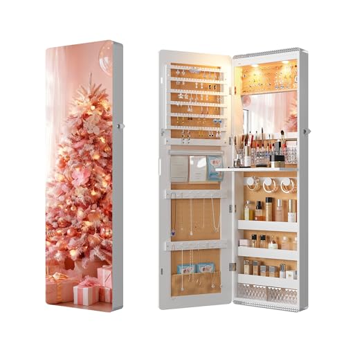 Lvifur 47.2" LED Jewelry Mirror Cabinet,Lockable Wall/Door Mounted Full Length Mirror with Storage, Over the Door Hanging Jewelry Organizer-2 Drawers,Foldable Shelf, Built-in Lighted Mirror (White) - color: White-6293A-8