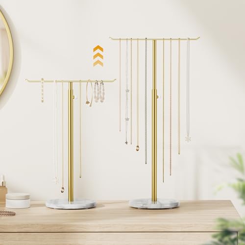 Gold Necklace Holder Jewelry Organizer Stand – Adjustable Height T‑Bar Jewelry Display with White Marble Base, Necklace & Bracelet Holder, Countertop Jewelry Stand - color: Gold & White