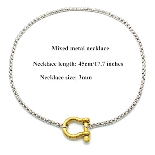 18K Gold Plated Buckle Necklace with Heavy Screw Anchor Shackle Wheat Chain Two Tone Carabiner 17.7 Inch Stainless Steel Foxtail Chain - color: Silver necklace with gold clasp