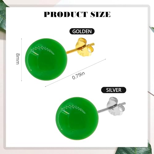 Jade Green Stud Earrings, Natural Round Beaded Agate Emerald Garnet Obsidian Gemstone Ear Studs Ball Jade Jewelry Gift, Green 8mm - color: green-8mm