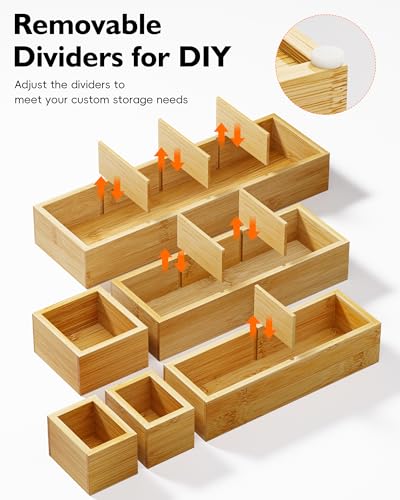 6PCS Desk Drawer Organizer Tray with 12 Compartments – Bamboo Office Storage Boxes Set for Junk Drawer Supplies, Utensils, Cosmetics, Jewelry and More - size: 12 Compartments