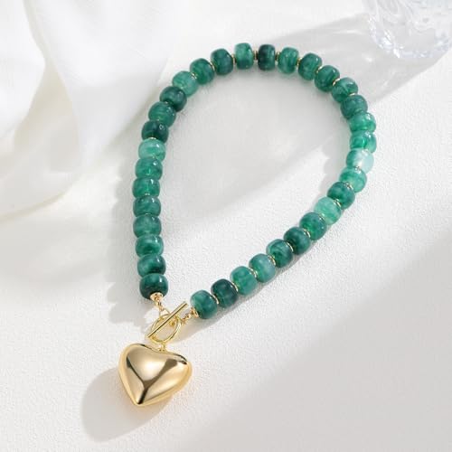 GZQ Chunky Gold Heart Necklace for Women, Resin Beaded Chain with Puff Heart Adjustable Clasp, Perfect for Daily Wear Party Date Streetwear Outfits Fashion Jewelry Gift - color: Green