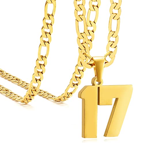 Personalized Jersey Number Necklaces for Mens,Athletes Stainless Steel Sport Number Pendant Chain for Mens Baseball/Basketball/Football Team Inspiration Jewelry with Gifts - color: Gold, style: 17 Gold