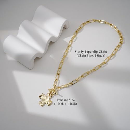Bheop Chunky Cross Necklace for Women Trendy 14K Gold Silver Layered Statement Cross Pendant Charm Necklace Waterproof Paperclip Herringbone Snake Choker Chain Christian Jewelry Set Gift Non Tarnish - style: GD-Toggle Necklace（1 inch Pendant)